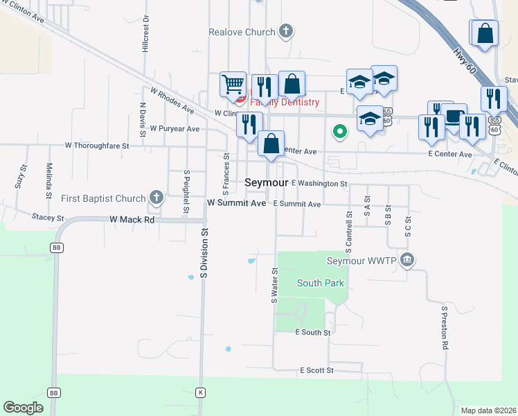 map of restaurants, bars, coffee shops, grocery stores, and more near 112 West Summit Avenue in Seymour
