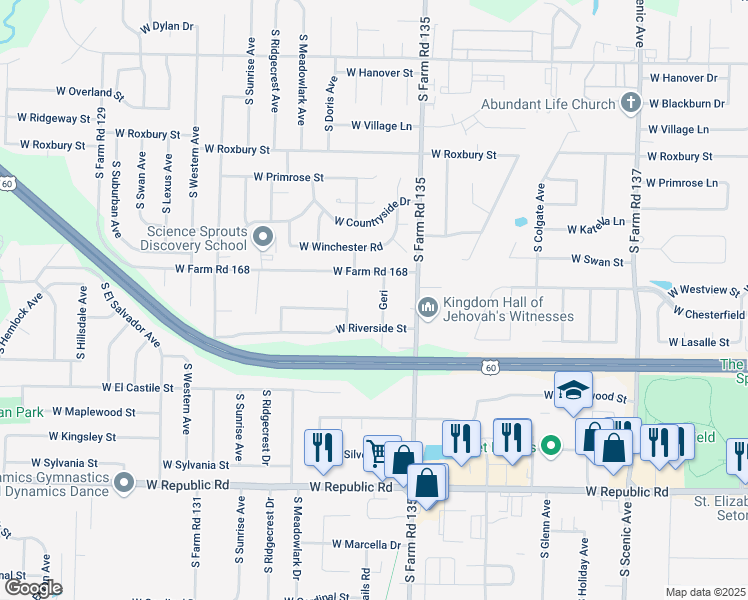 map of restaurants, bars, coffee shops, grocery stores, and more near 3855 Geri in Springfield