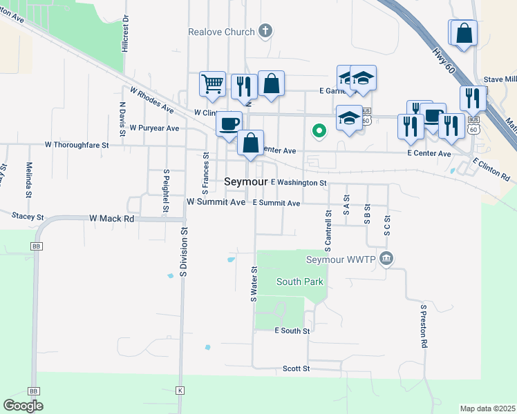 map of restaurants, bars, coffee shops, grocery stores, and more near 116 East Summit Avenue in Seymour