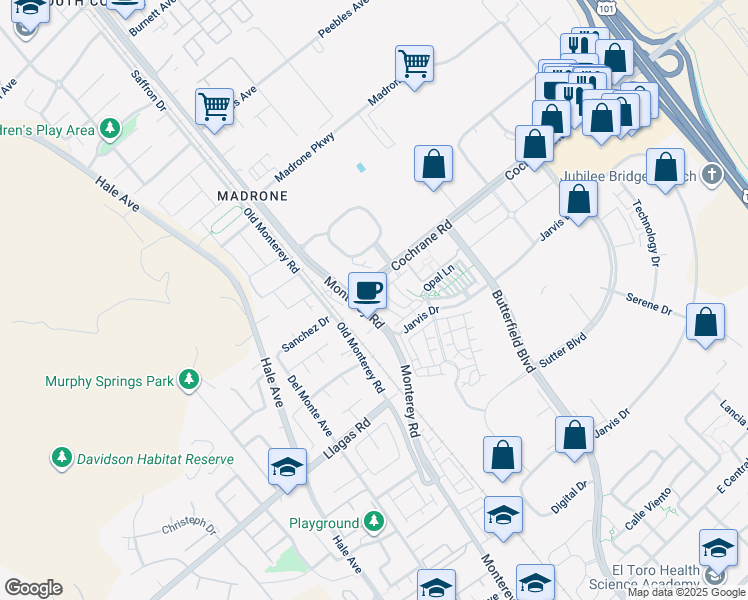 map of restaurants, bars, coffee shops, grocery stores, and more near 18550 Monterey Road in Morgan Hill