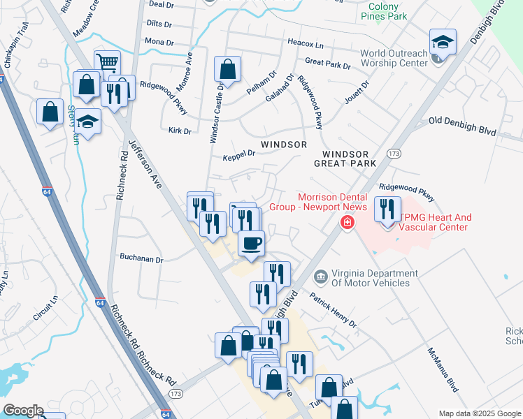 map of restaurants, bars, coffee shops, grocery stores, and more near 1693 Monterry Place in Newport News