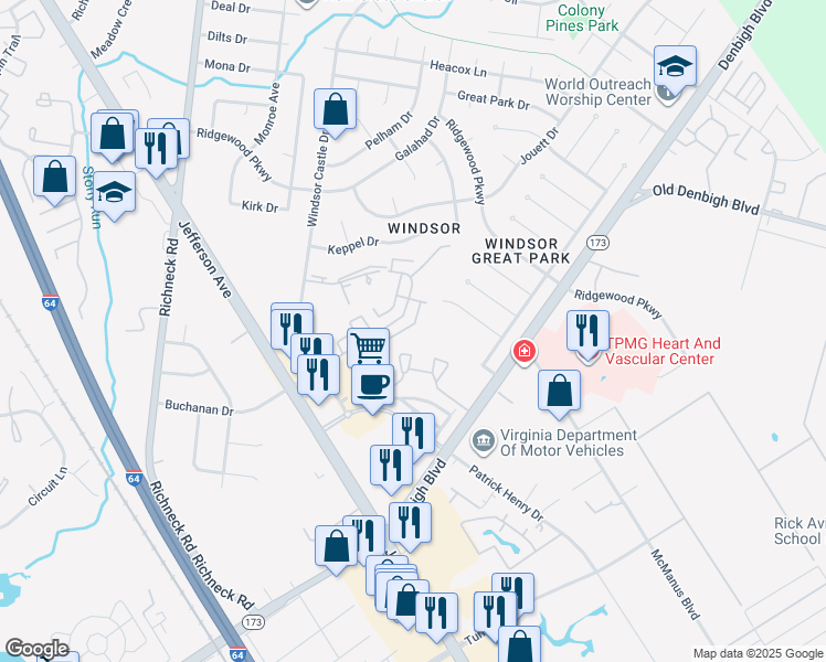 map of restaurants, bars, coffee shops, grocery stores, and more near 1613 Monterry Place in Newport News