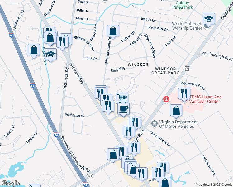 map of restaurants, bars, coffee shops, grocery stores, and more near 1604 Malibu Place in Newport News