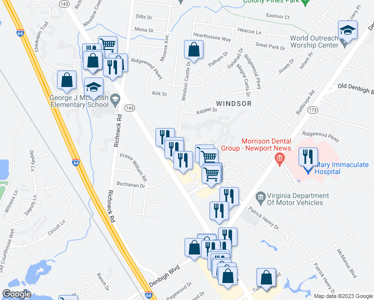 map of restaurants, bars, coffee shops, grocery stores, and more near 104-B Landmark Court in Newport News