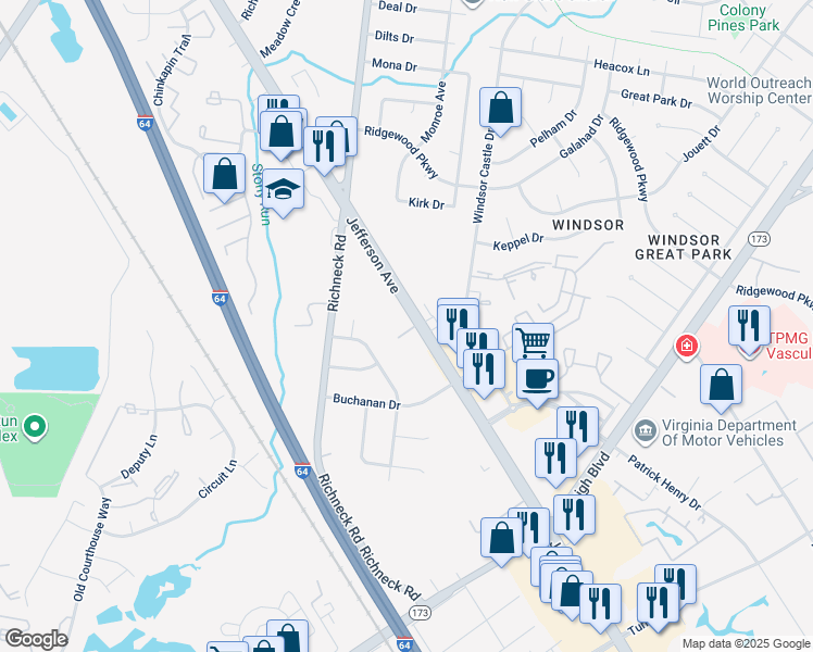map of restaurants, bars, coffee shops, grocery stores, and more near 11 Hanover Way in Newport News