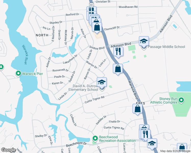 map of restaurants, bars, coffee shops, grocery stores, and more near 34 Garfield Drive in Newport News