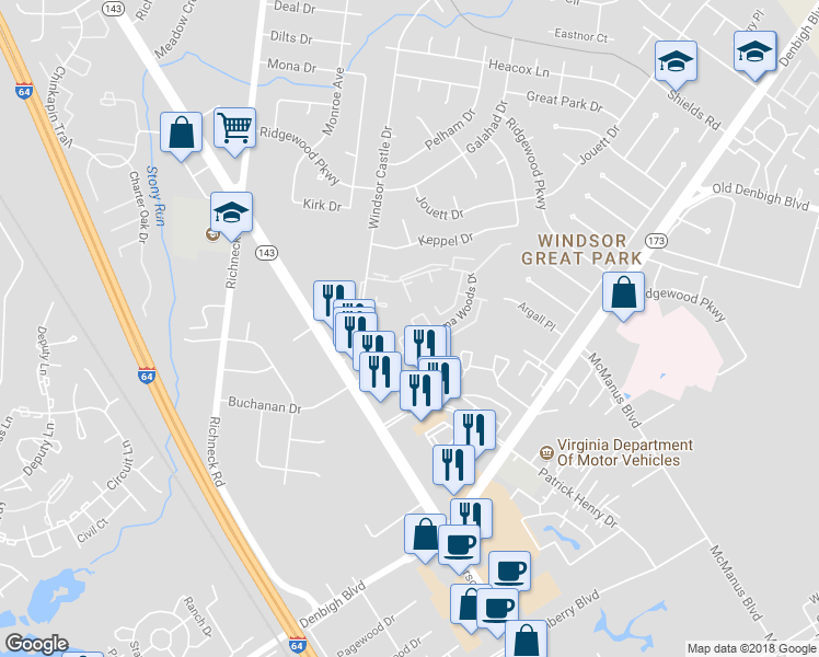 map of restaurants, bars, coffee shops, grocery stores, and more near 1604 Malibu Place in Newport News
