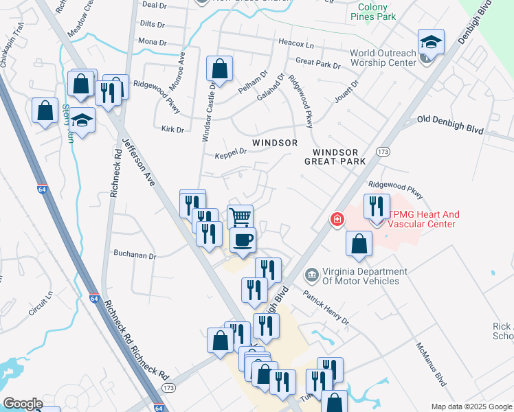 map of restaurants, bars, coffee shops, grocery stores, and more near 1613 Monterry Place in Newport News