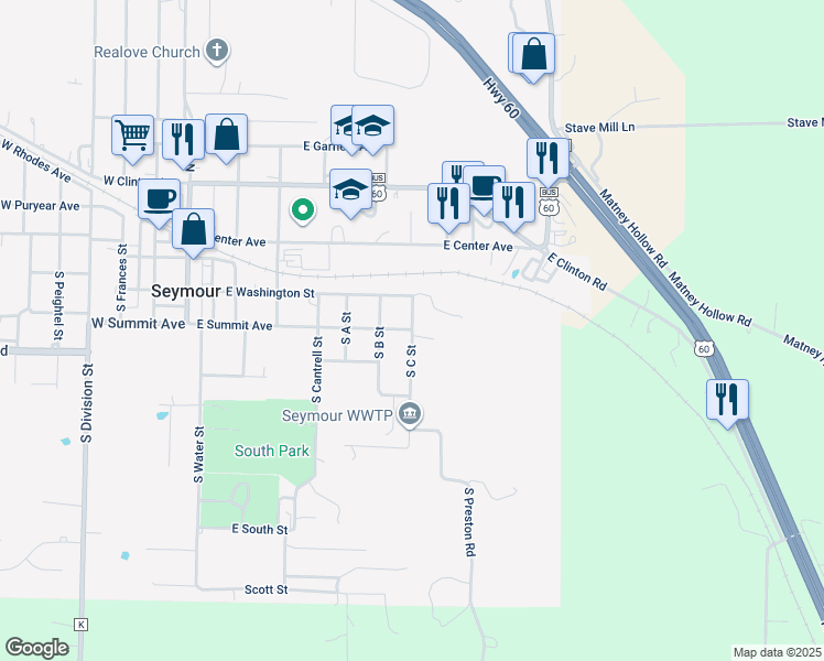 map of restaurants, bars, coffee shops, grocery stores, and more near 698 E Summit Ave in Seymour