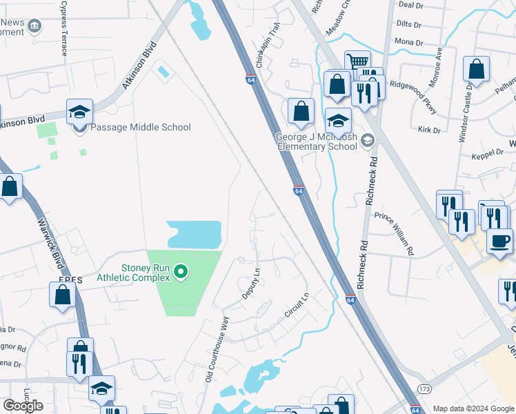 map of restaurants, bars, coffee shops, grocery stores, and more near 359 Deputy Lane in Newport News