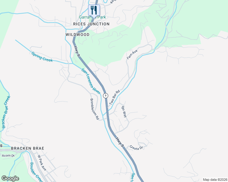 map of restaurants, bars, coffee shops, grocery stores, and more near 14740 California 9 in Boulder Creek