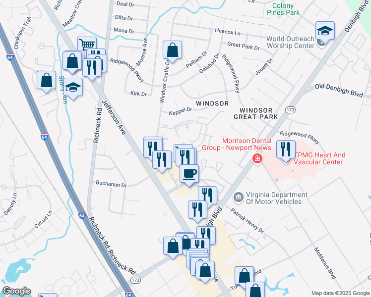 map of restaurants, bars, coffee shops, grocery stores, and more near 1581 Malibu Place in Newport News