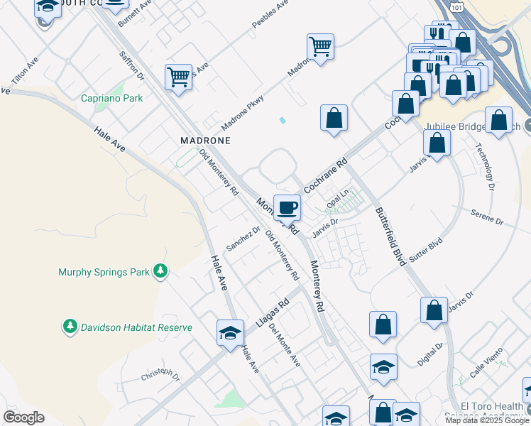 map of restaurants, bars, coffee shops, grocery stores, and more near 18605 Old Monterey Rd in Morgan Hill