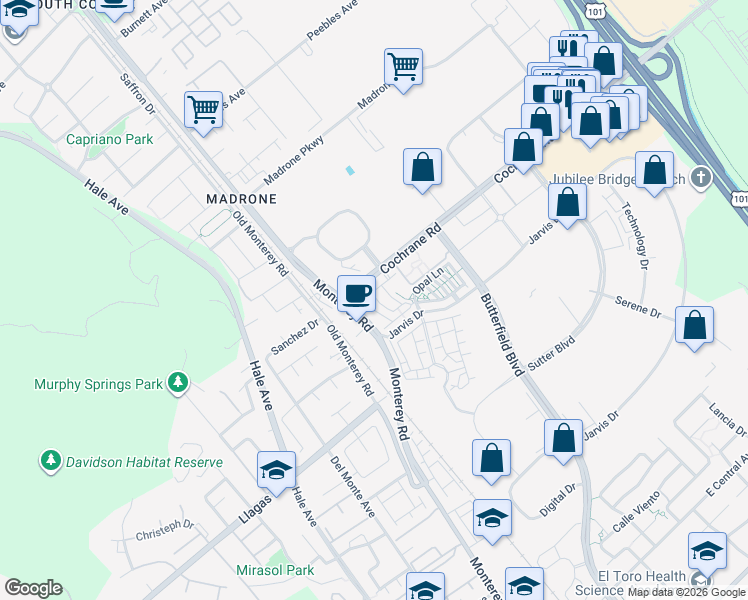 map of restaurants, bars, coffee shops, grocery stores, and more near 18540 Garnet Lane in Morgan Hill
