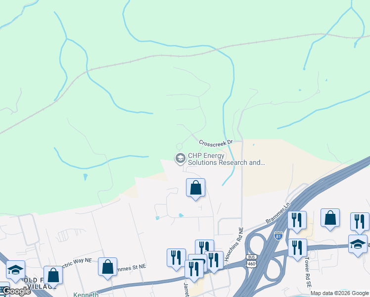 map of restaurants, bars, coffee shops, grocery stores, and more near 550 Industrial Drive in Christiansburg