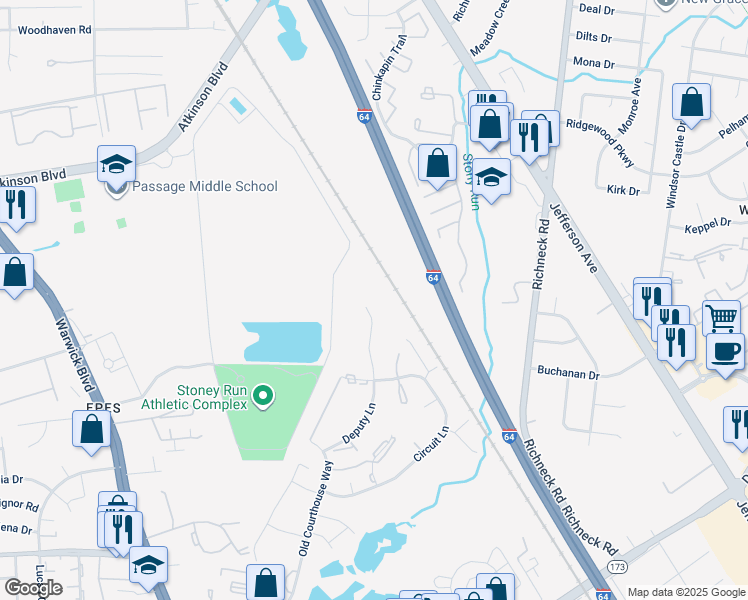 map of restaurants, bars, coffee shops, grocery stores, and more near 359 Deputy Lane in Newport News