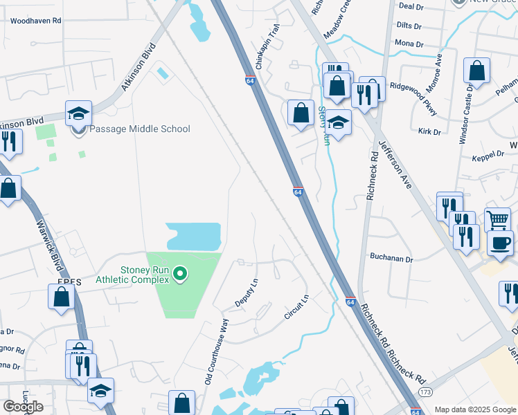 map of restaurants, bars, coffee shops, grocery stores, and more near 364 Deputy Lane in Newport News