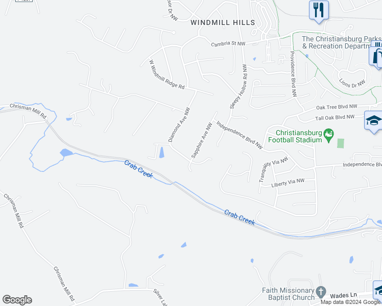 map of restaurants, bars, coffee shops, grocery stores, and more near 65 Sapphire Avenue in Christiansburg