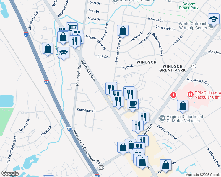map of restaurants, bars, coffee shops, grocery stores, and more near 153 Windsor Castle Drive in Newport News