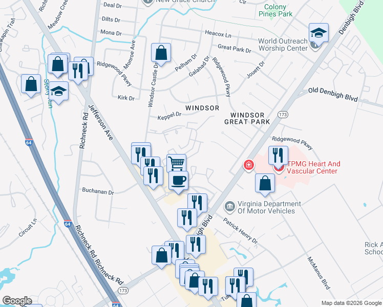map of restaurants, bars, coffee shops, grocery stores, and more near 1613 Monterry Place in Newport News