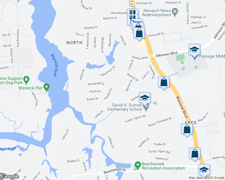 map of restaurants, bars, coffee shops, grocery stores, and more near 37 Sandra Drive in Newport News