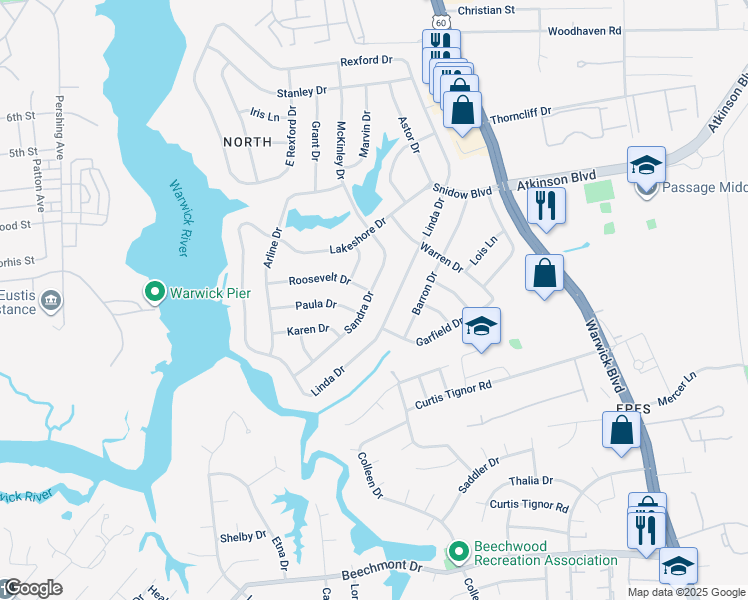 map of restaurants, bars, coffee shops, grocery stores, and more near 37 Sandra Drive in Newport News