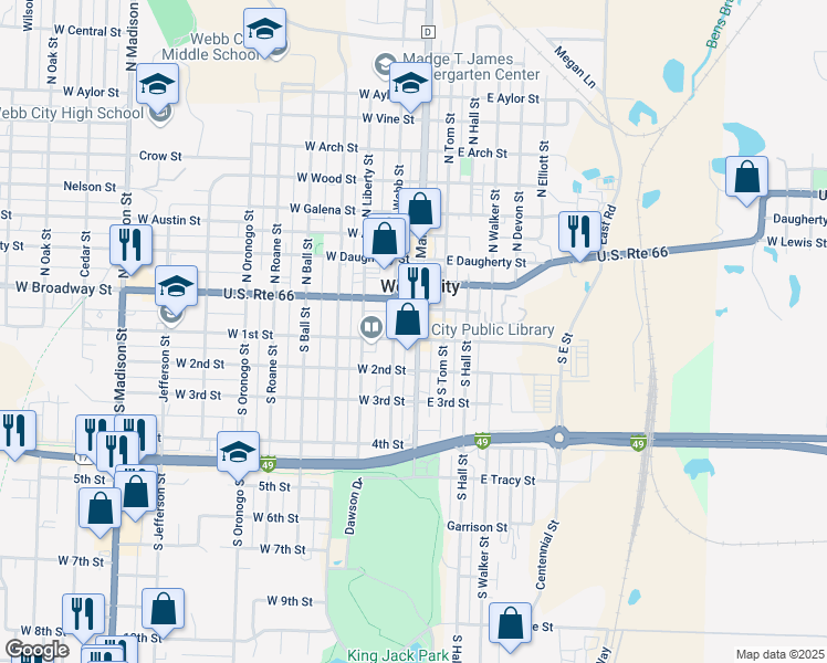 map of restaurants, bars, coffee shops, grocery stores, and more near 110 West 1st Street in Webb City