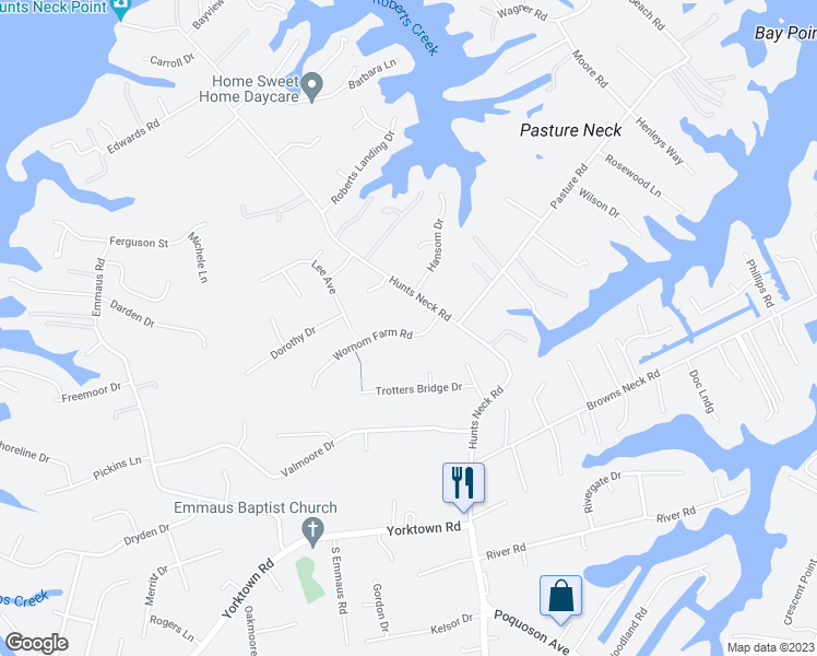 map of restaurants, bars, coffee shops, grocery stores, and more near 8 Wornom Farm Road in Poquoson