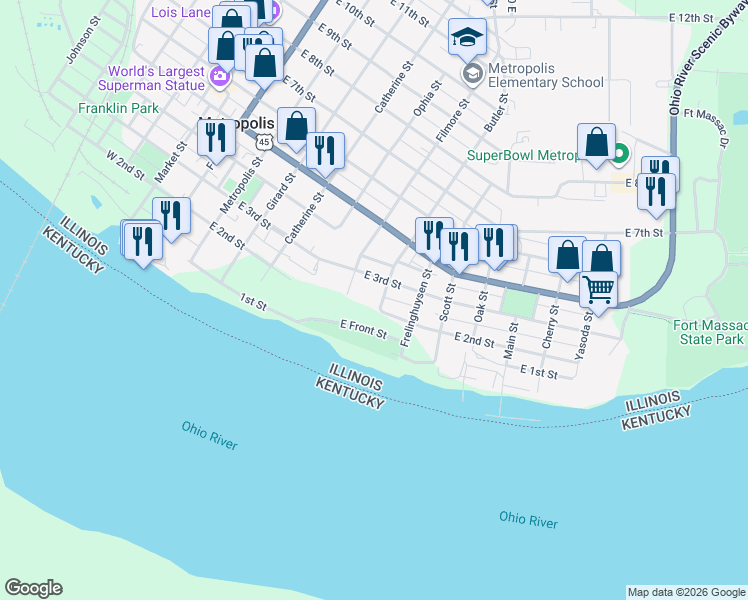 map of restaurants, bars, coffee shops, grocery stores, and more near 101-615 East Front Street in Metropolis