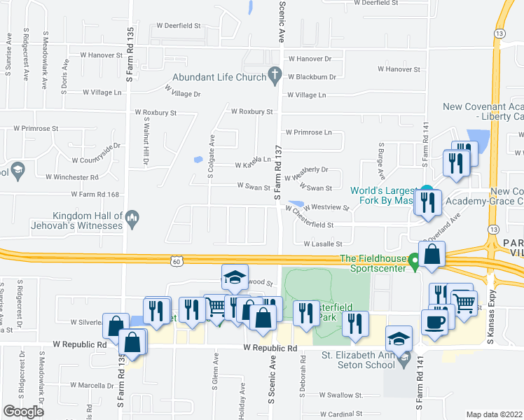 map of restaurants, bars, coffee shops, grocery stores, and more near 3841 South Cottage Avenue in Springfield