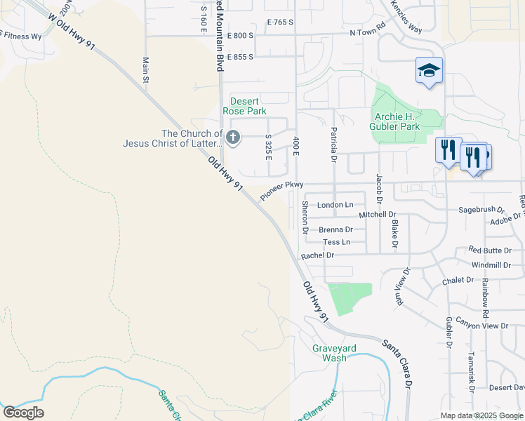 map of restaurants, bars, coffee shops, grocery stores, and more near East Old US Highway 91 in Santa Clara
