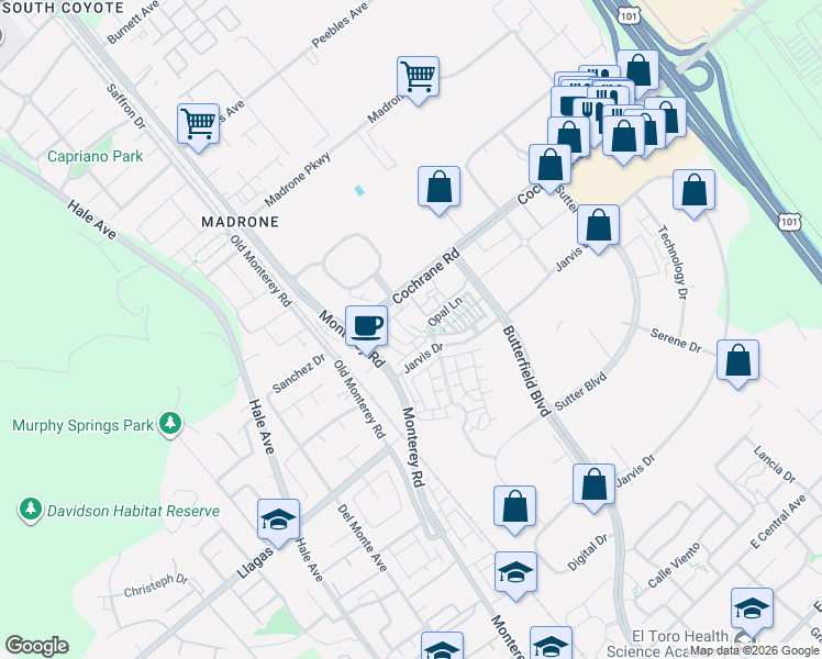 map of restaurants, bars, coffee shops, grocery stores, and more near 161 Jarvis Drive in Morgan Hill