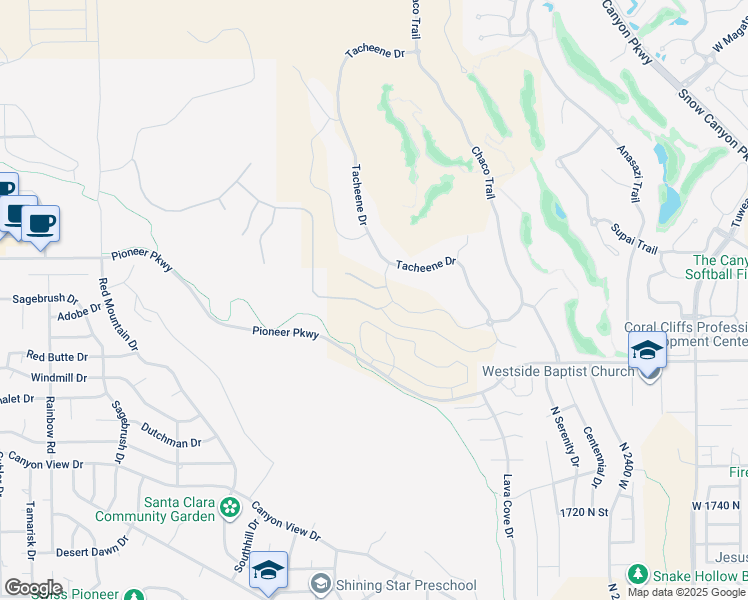 map of restaurants, bars, coffee shops, grocery stores, and more near 2874 West Indian Peaks Circle in St. George