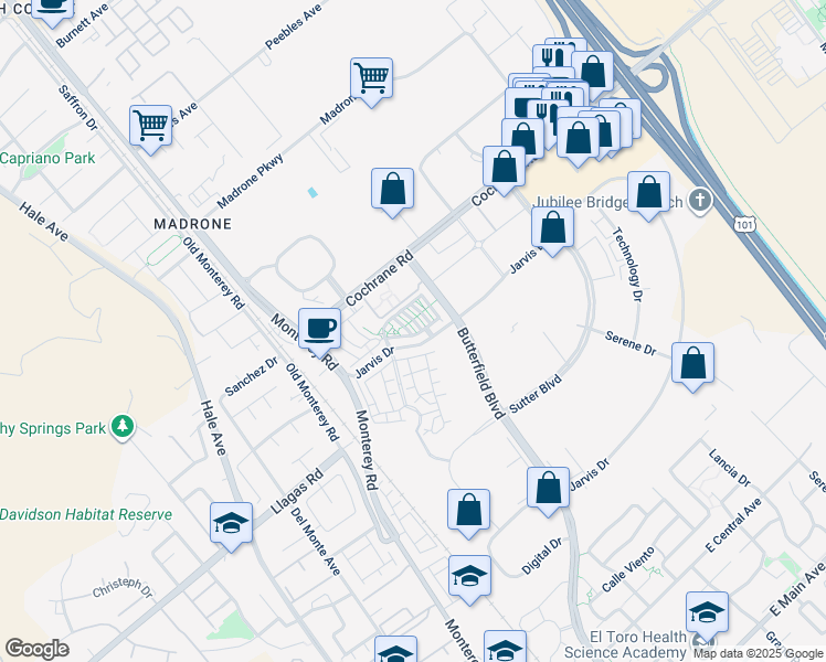 map of restaurants, bars, coffee shops, grocery stores, and more near 239 Jarvis Drive in Morgan Hill