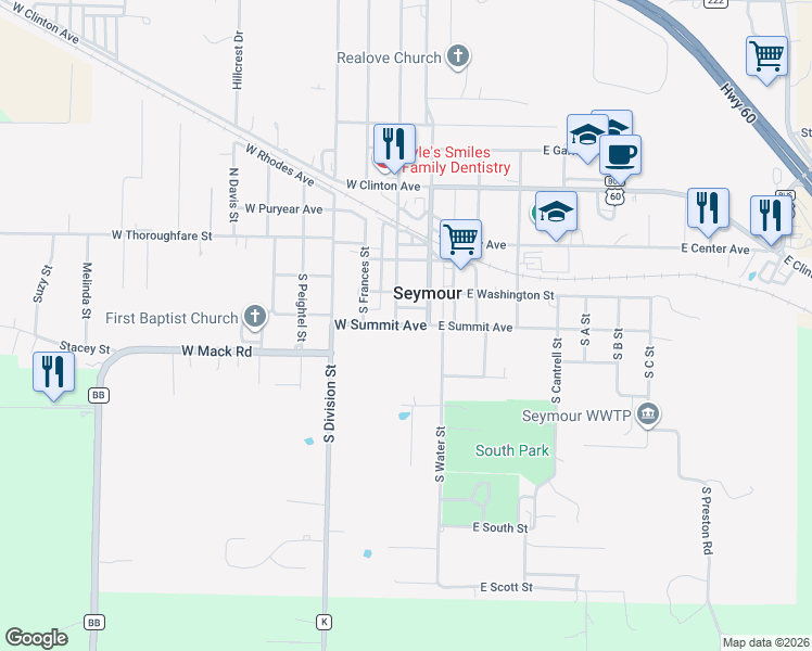 map of restaurants, bars, coffee shops, grocery stores, and more near 112-124 West Summit Avenue in Seymour