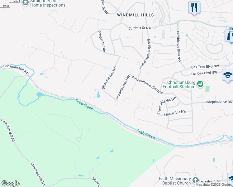 map of restaurants, bars, coffee shops, grocery stores, and more near in Christiansburg