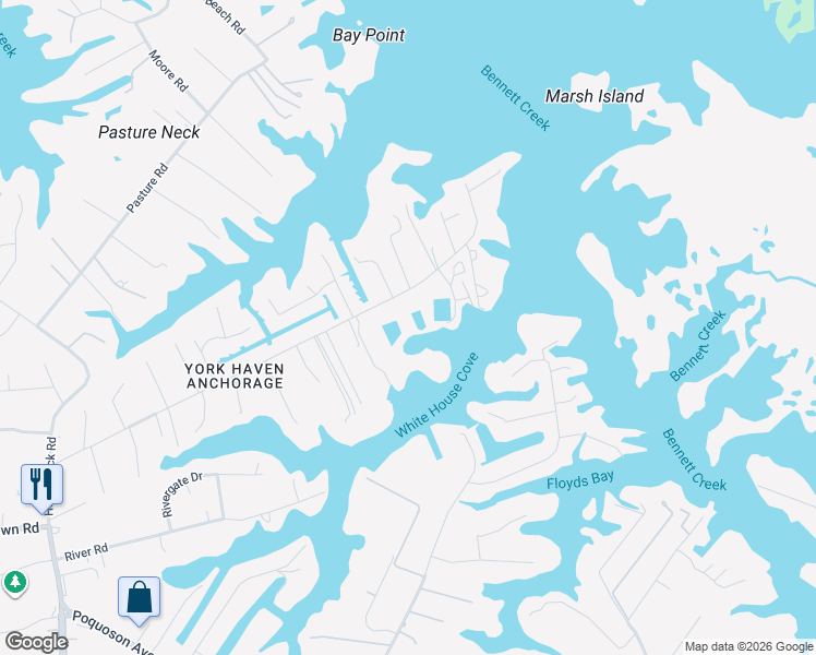 map of restaurants, bars, coffee shops, grocery stores, and more near 109 Browns Neck Road in Poquoson
