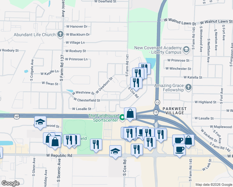 map of restaurants, bars, coffee shops, grocery stores, and more near 2320 West Westview Street in Springfield