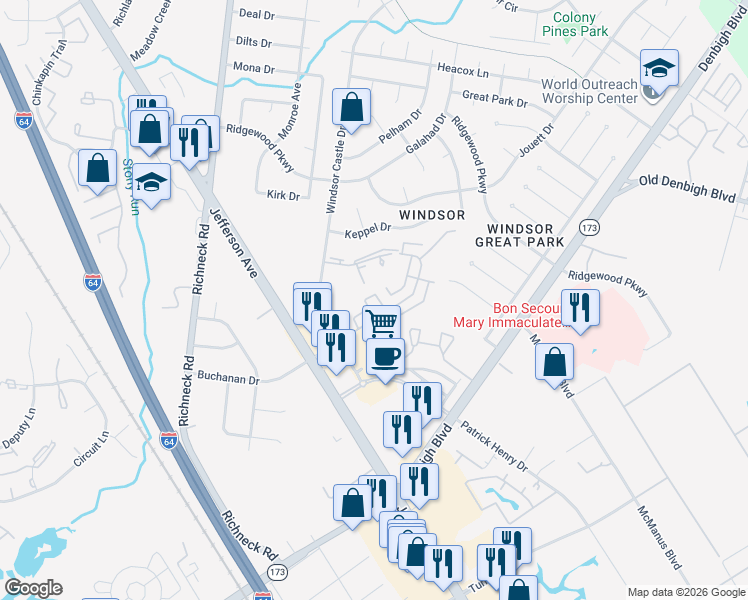 map of restaurants, bars, coffee shops, grocery stores, and more near 1642 Malibu Place in Newport News
