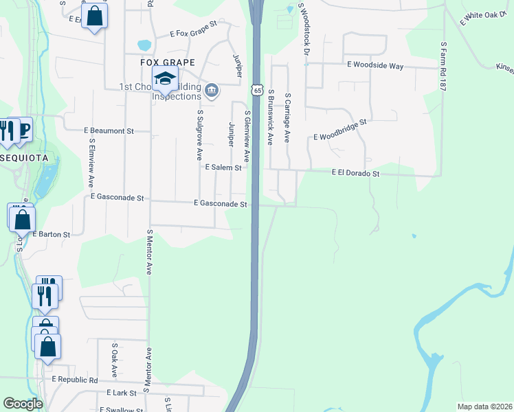 map of restaurants, bars, coffee shops, grocery stores, and more near U.S. 65 in Springfield
