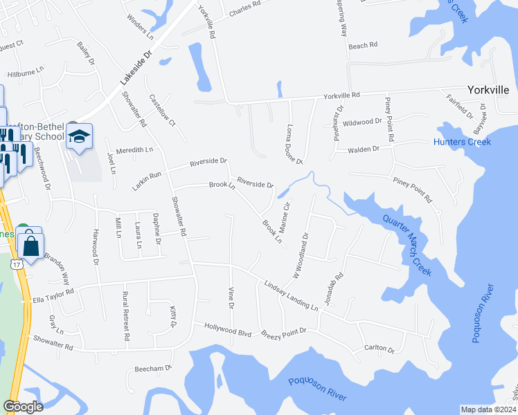 map of restaurants, bars, coffee shops, grocery stores, and more near 328 Riverside Drive in Yorktown