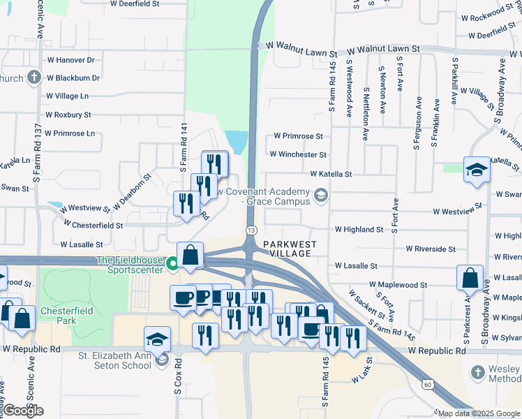map of restaurants, bars, coffee shops, grocery stores, and more near 3817 South Parklane Avenue in Springfield