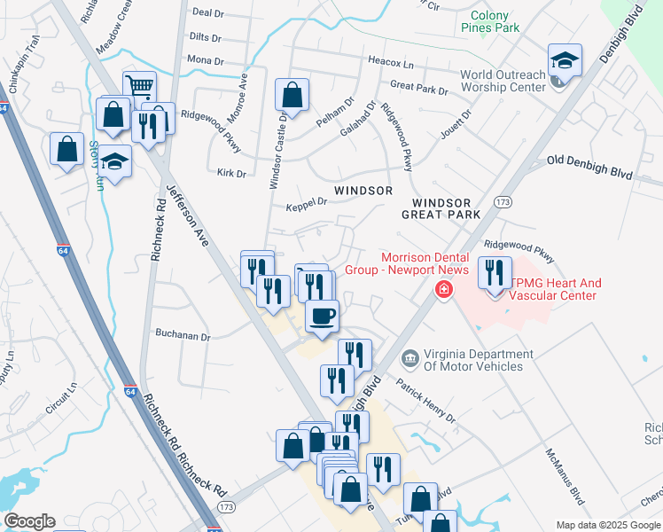 map of restaurants, bars, coffee shops, grocery stores, and more near 1613 Monterry Place in Newport News