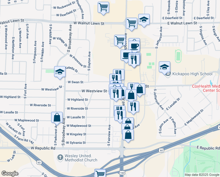 map of restaurants, bars, coffee shops, grocery stores, and more near 628 West Westview Street in Springfield