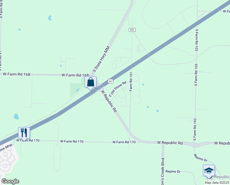 map of restaurants, bars, coffee shops, grocery stores, and more near 3246E East Old Stone Road in Republic