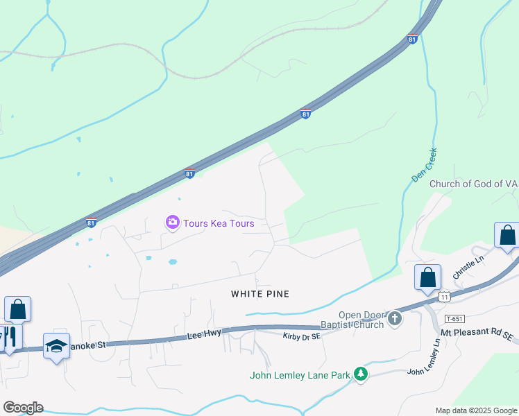 map of restaurants, bars, coffee shops, grocery stores, and more near 10 Woodridge Drive in Christiansburg