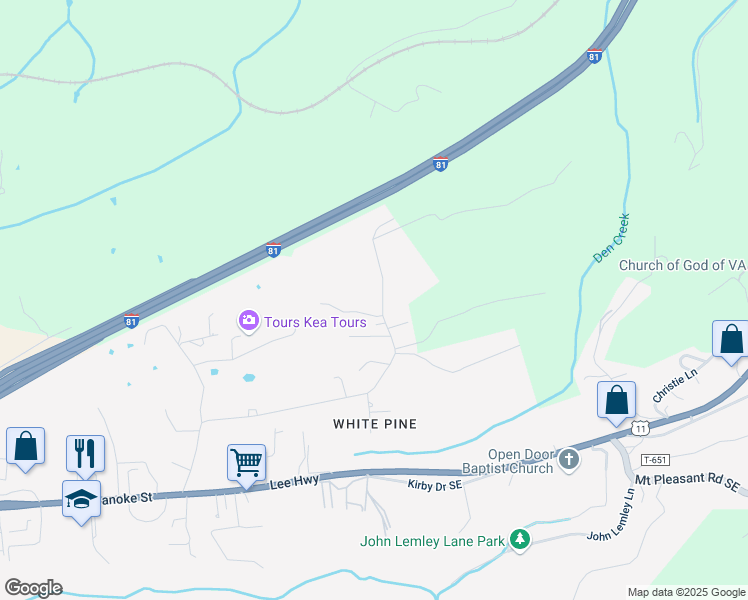 map of restaurants, bars, coffee shops, grocery stores, and more near 10 Woodridge Drive in Christiansburg