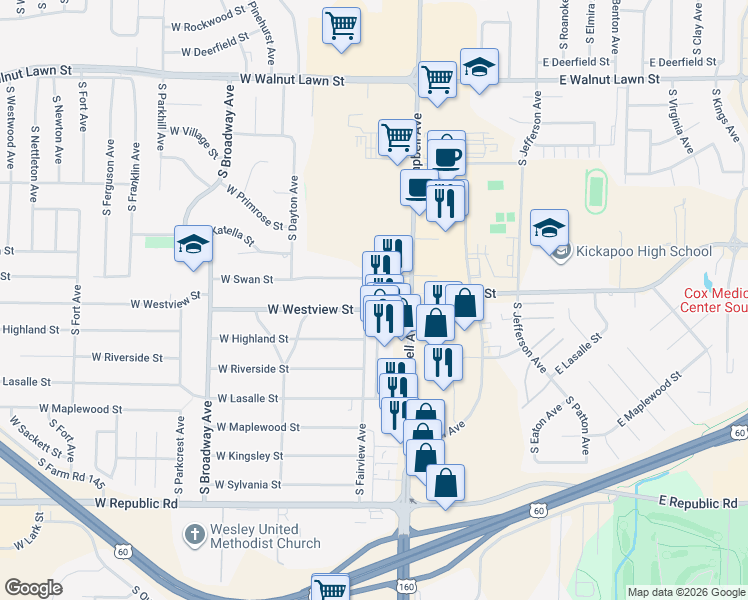 map of restaurants, bars, coffee shops, grocery stores, and more near 3823 South Campbell Avenue in Springfield