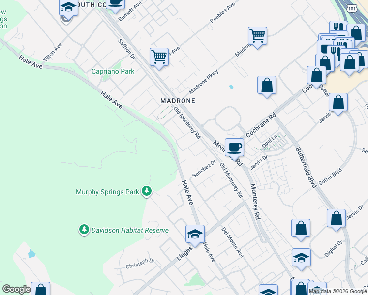 map of restaurants, bars, coffee shops, grocery stores, and more near 18690 Hale Avenue in Morgan Hill