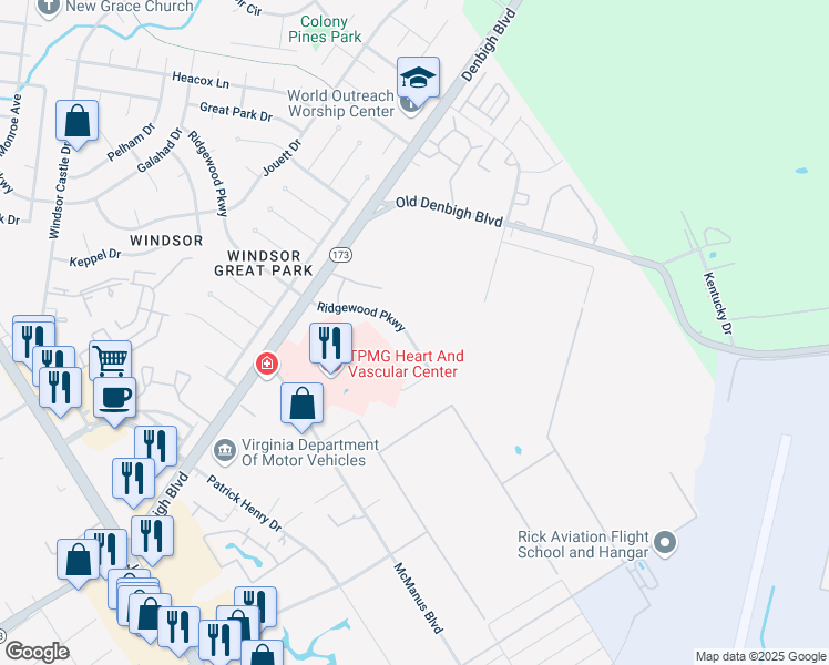 map of restaurants, bars, coffee shops, grocery stores, and more near 2 Ridgewood Parkway in Newport News